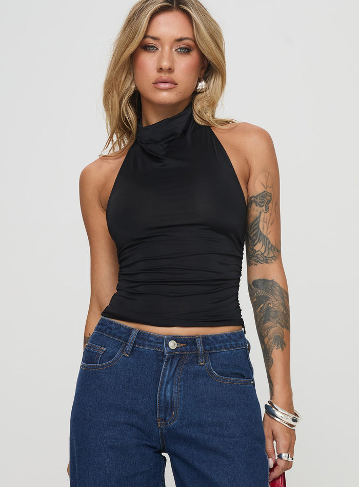 front view of model wearing Princess Polly Giggle Top Black Sleeveless High Neck