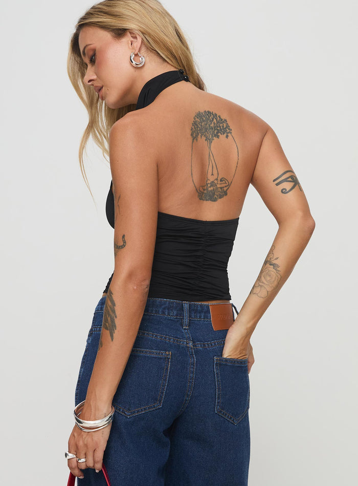back view of model wearing Princess Polly Giggle Top Black Sleeveless High Neck