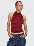 front view of model wearing Princess Polly Giggle Top Burgundy Sleeveless Cowl