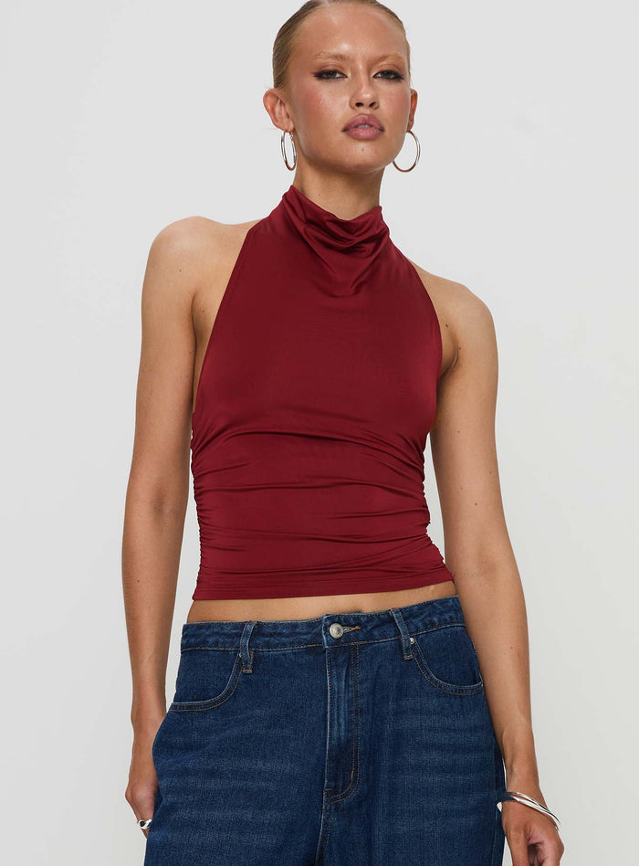 front view of model wearing Princess Polly Giggle Top Burgundy Sleeveless Cowl