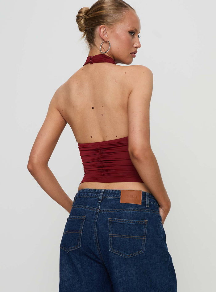 back view of model wearing Princess Polly Giggle Top Burgundy Sleeveless Cowl