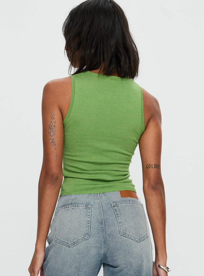 back view of model wearing Princess Polly Girl Almighty Top Green Sleeveless Crew Neck