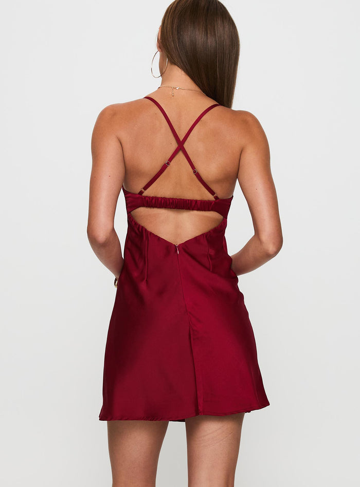 back view of model wearing Princess Polly Glendon Mini Dress Burgundy Sweetheart Neckline