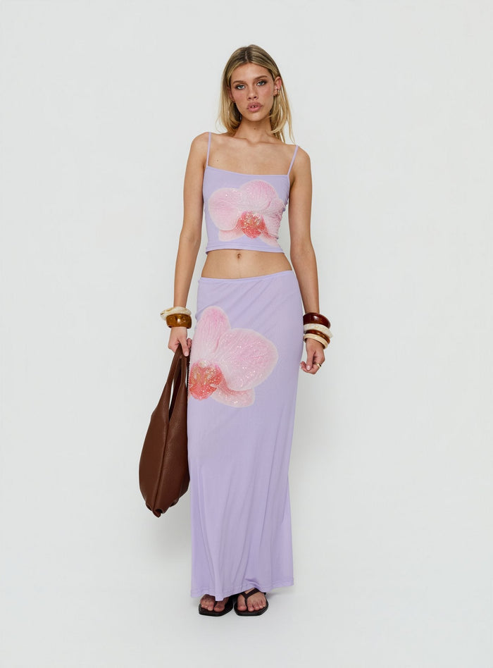 Discover the Golden Visions Maxi Skirt Purple Orchid womens-skirts in maxi length front view of model wearing Princess Polly