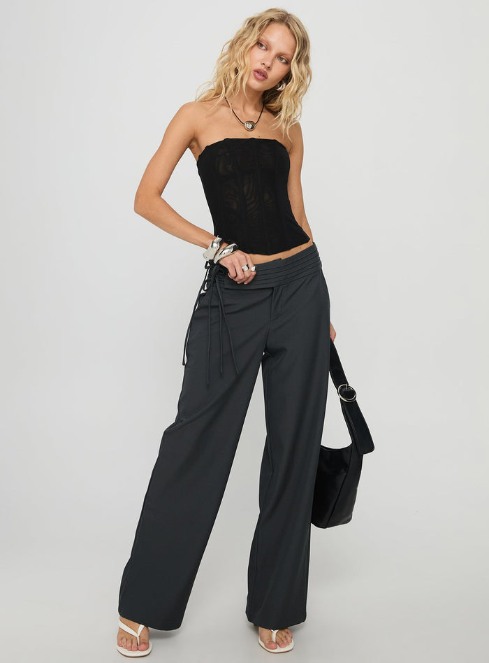 side view of model wearing Princess Polly Good Riddance Pleat Tie Slouch Pants Charcoal Low Rise Pants