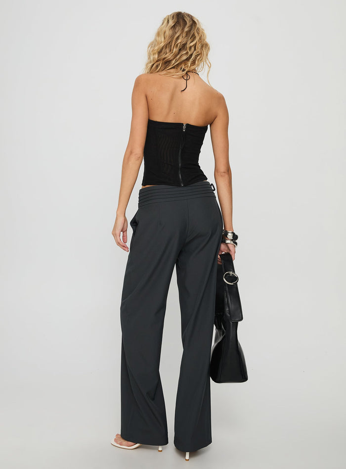 back view of model wearing Princess Polly Good Riddance Pleat Tie Slouch Pants Charcoal Low Rise Pants