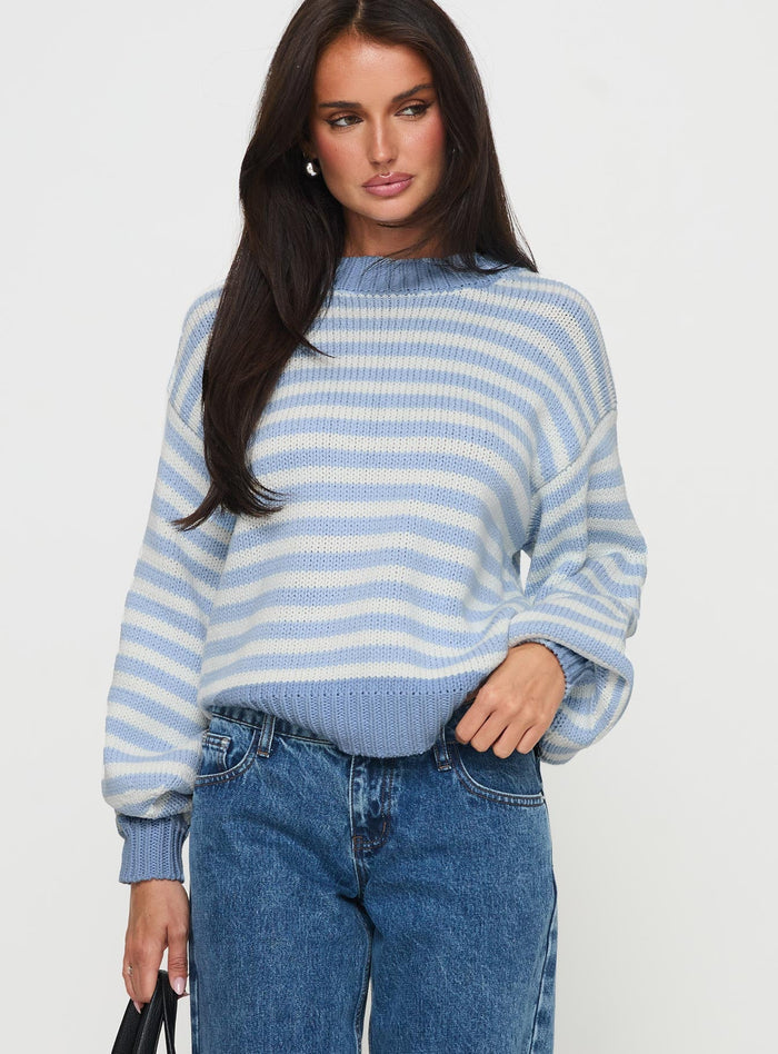 front view of model wearing Princess Polly Harmony Balloon Sleeve Knit Sweater Blue / White Stripe Cropped