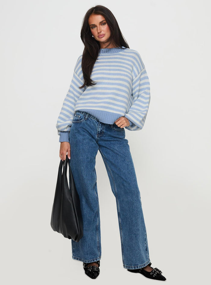 front view of model wearing Princess Polly Harmony Balloon Sleeve Knit Sweater Blue / White Stripe Cropped