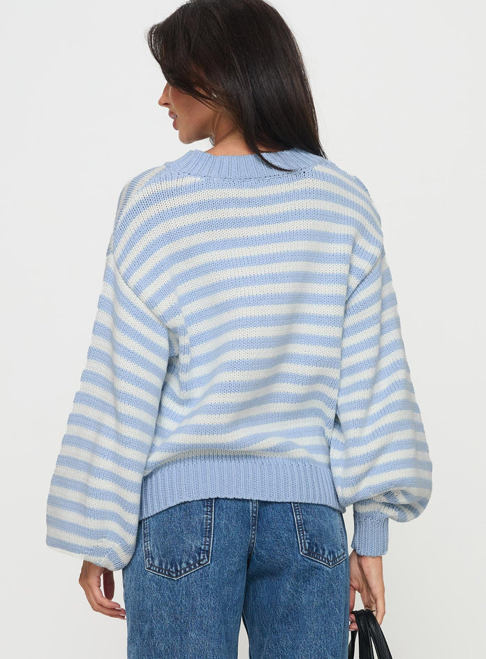 back view of model wearing Princess Polly Harmony Balloon Sleeve Knit Sweater Blue / White Stripe Cropped