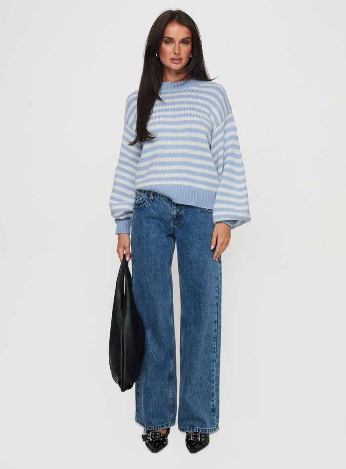 back view of model wearing Princess Polly Harmony Balloon Sleeve Knit Sweater Blue / White Stripe Cropped