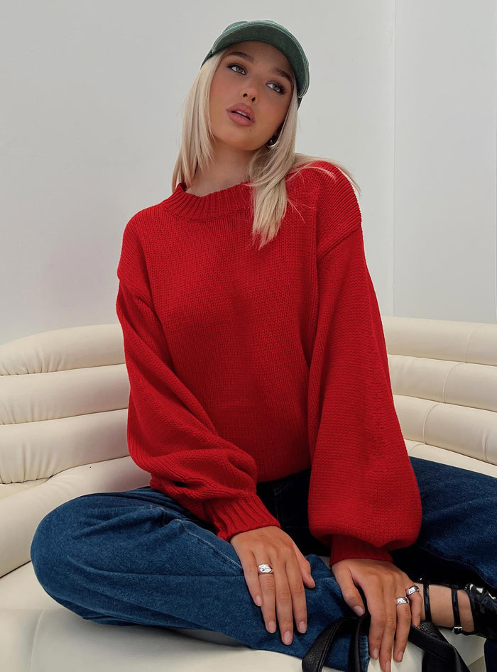 front view of model wearing Princess Polly Harmony Sweater Red
