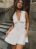 front view of model wearing Princess Polly Haworth Mini Dress White V-Neck