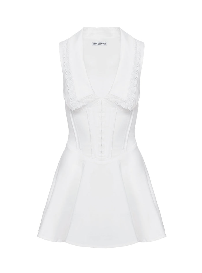 side view of model wearing Princess Polly Haworth Mini Dress White V-Neck