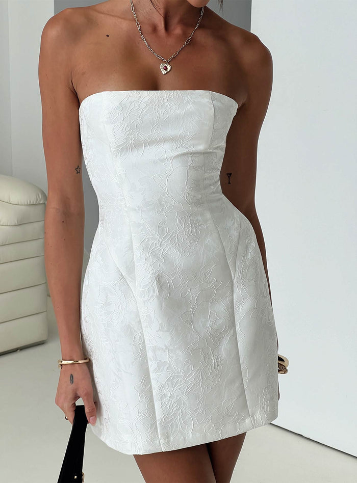 back view of model wearing Princess Polly Heaven Sent Strapless Mini Dress White Straight Neck
