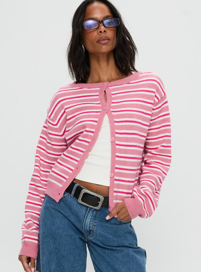 front view of model wearing Princess Polly Heavenly Dream Cardigan Pink Stripe Cropped