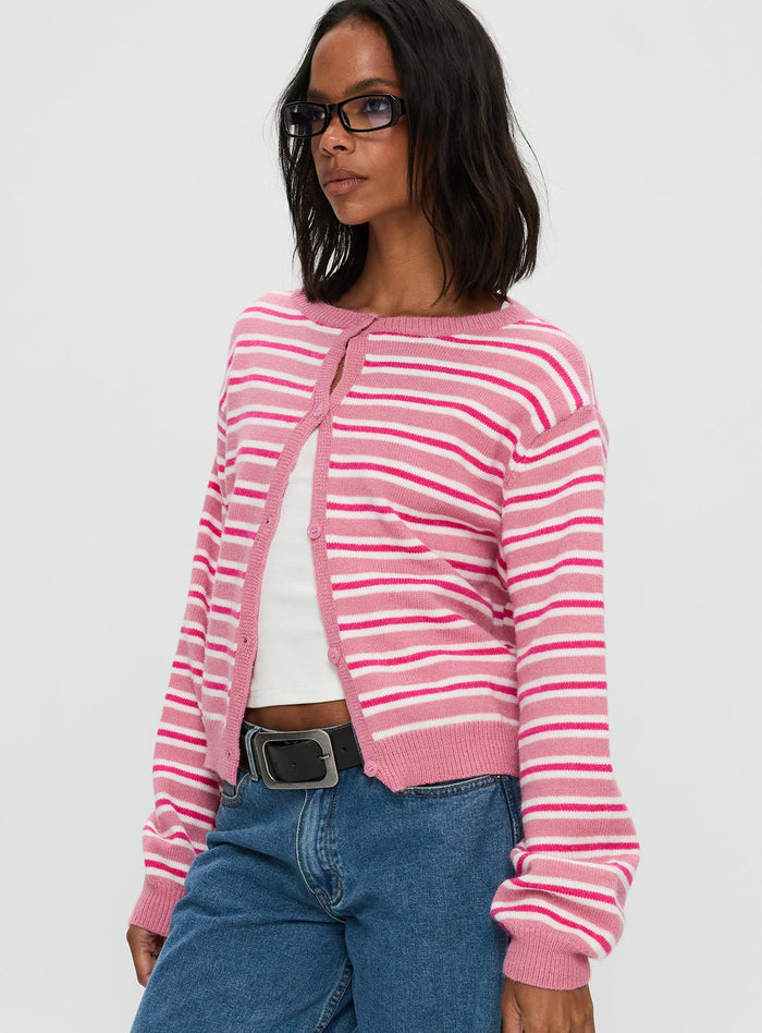 side view of model wearing Princess Polly Heavenly Dream Cardigan Pink Stripe Cropped