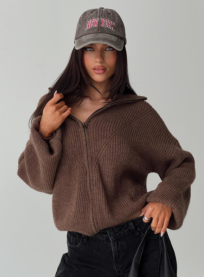 side view of model wearing Princess Polly Hertford Zip Through Knit Sweater Brown