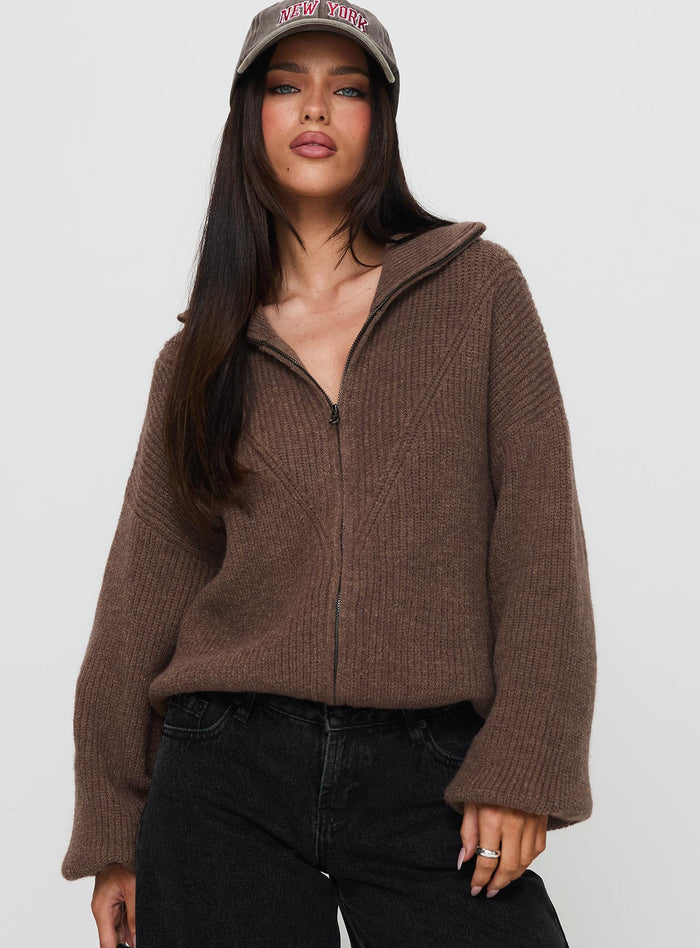 front view of model wearing Princess Polly Hertford Zip Through Knit Sweater Brown