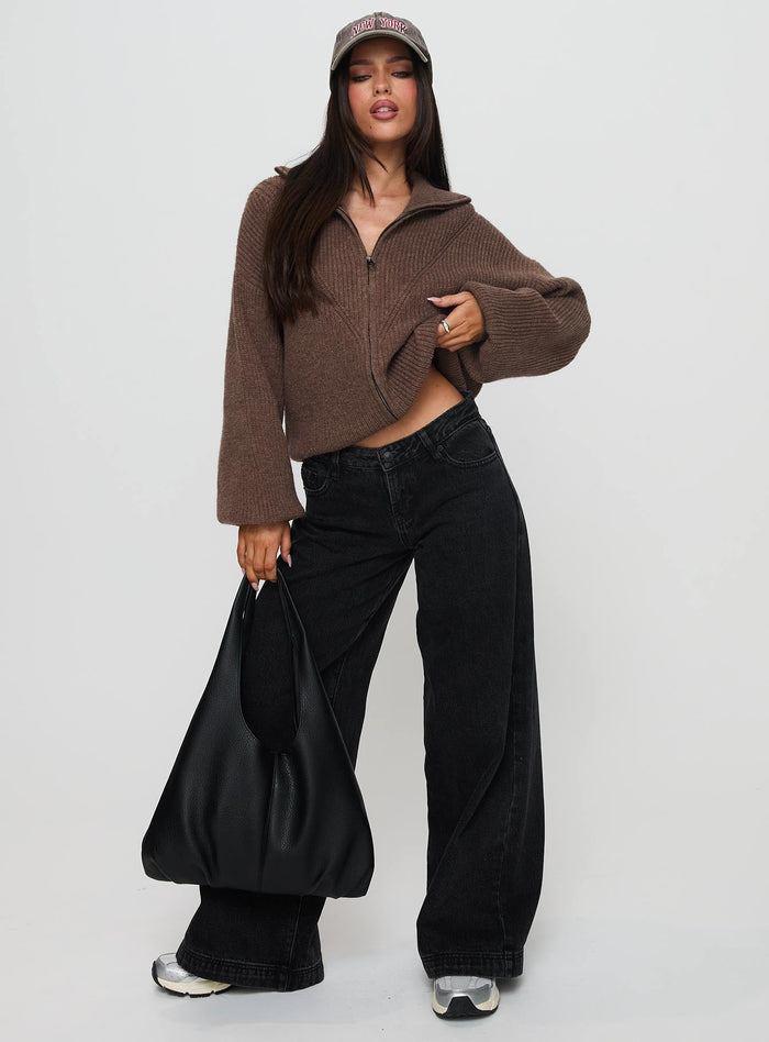 front view of model wearing Princess Polly Hertford Zip Through Knit Sweater Brown