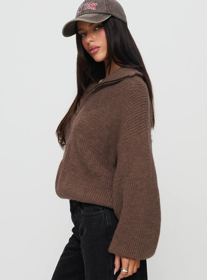 side view of model wearing Princess Polly Hertford Zip Through Knit Sweater Brown