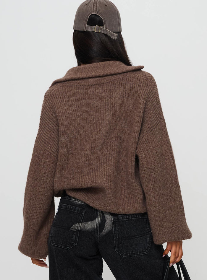 back view of model wearing Princess Polly Hertford Zip Through Knit Sweater Brown
