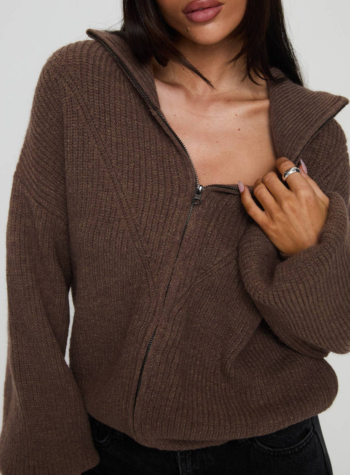 back view of model wearing Princess Polly Hertford Zip Through Knit Sweater Brown