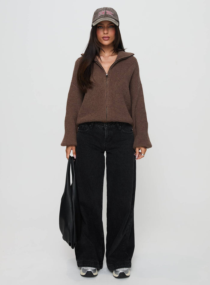 side view of model wearing Princess Polly Hertford Zip Through Knit Sweater Brown