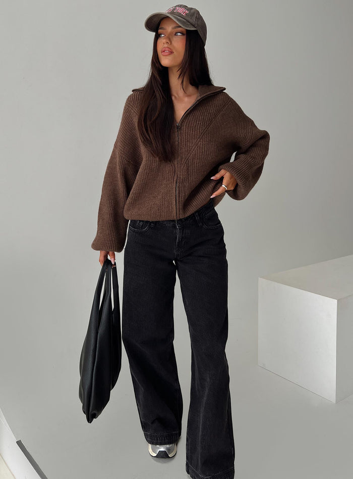 front view of model wearing Princess Polly Hertford Zip Through Knit Sweater Brown