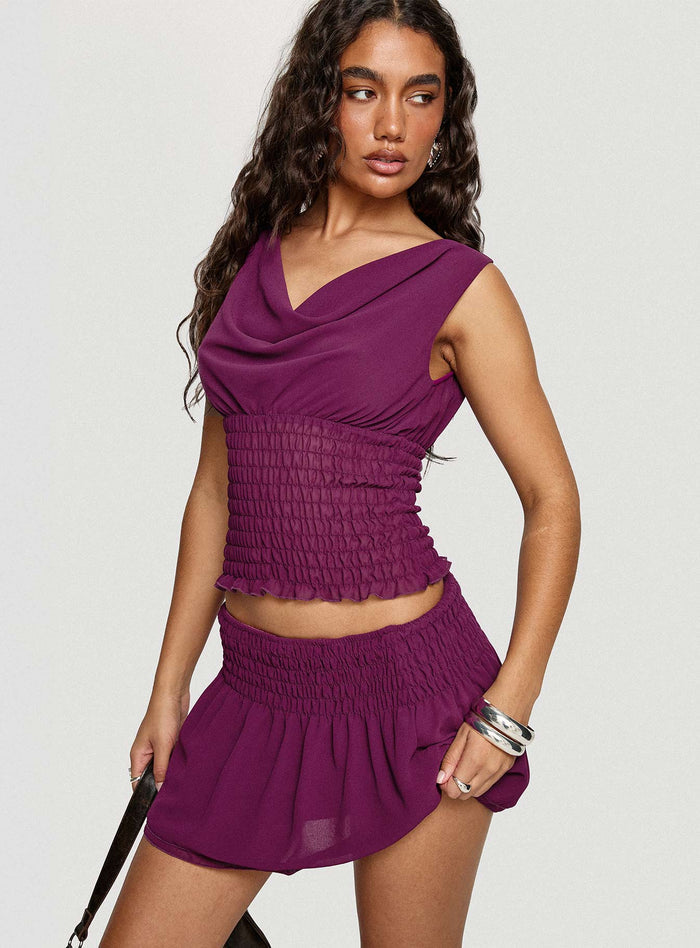 side view of model wearing Princess Polly I Belong Shirred Mini Skirt Wine Mini Skirts