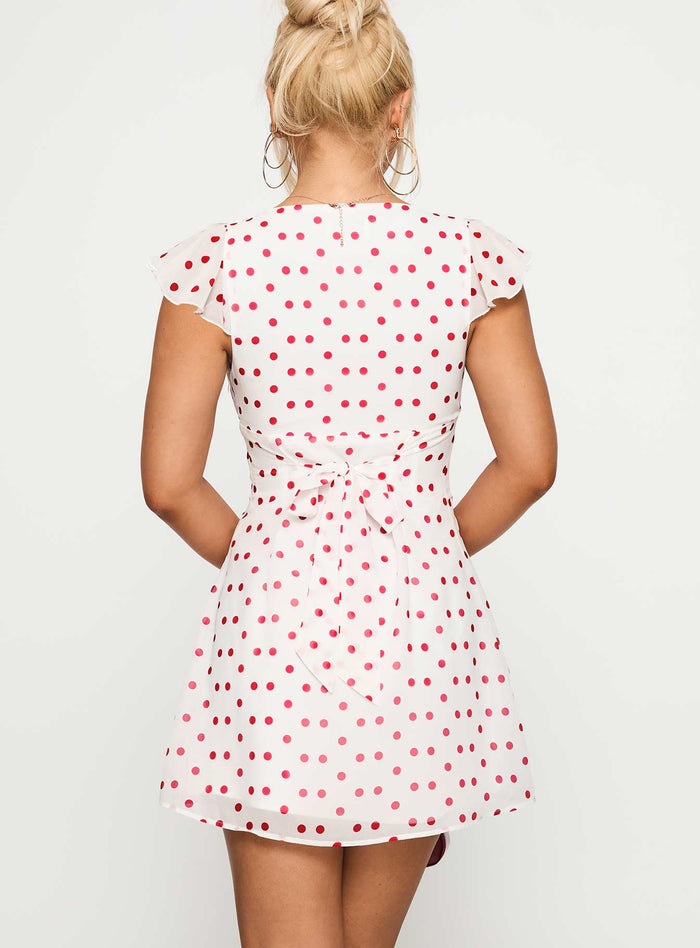 back view of model wearing Princess Polly I Guess So Mini Dress White / Burgundy Plunger