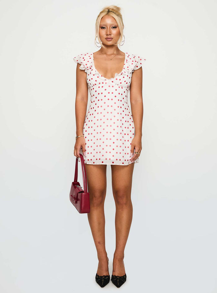 front view of model wearing Princess Polly I Guess So Mini Dress White / Burgundy Plunger