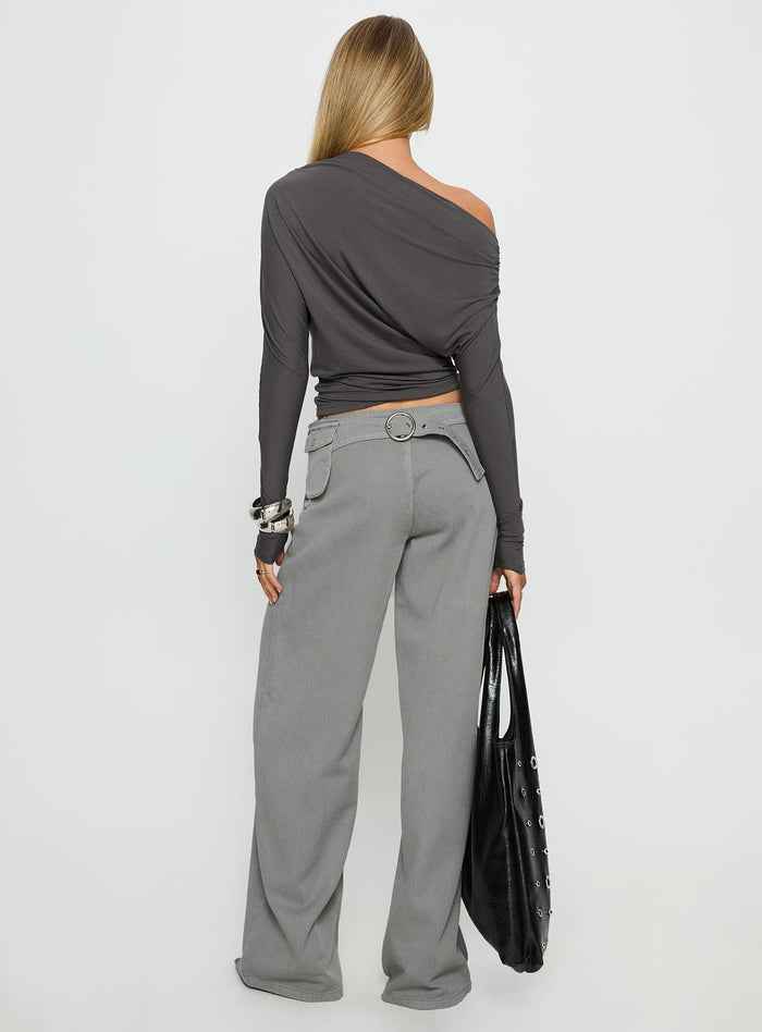 back view of model wearing Princess Polly Incognito Low Rise Wide Leg Cargo Jeans Grey Low Rise Jeans