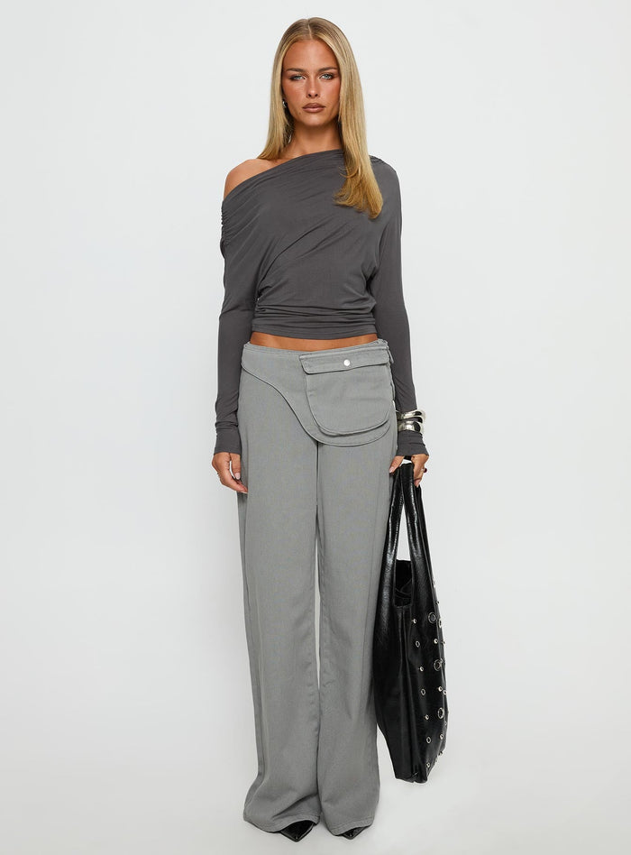 front view of model wearing Princess Polly Incognito Low Rise Wide Leg Cargo Jeans Grey Low Rise Jeans