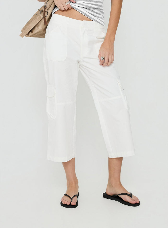 Featuring the Indee Cropped Cargo Pants White womens-regular-pants with high-rise back view of model wearing Princess Polly