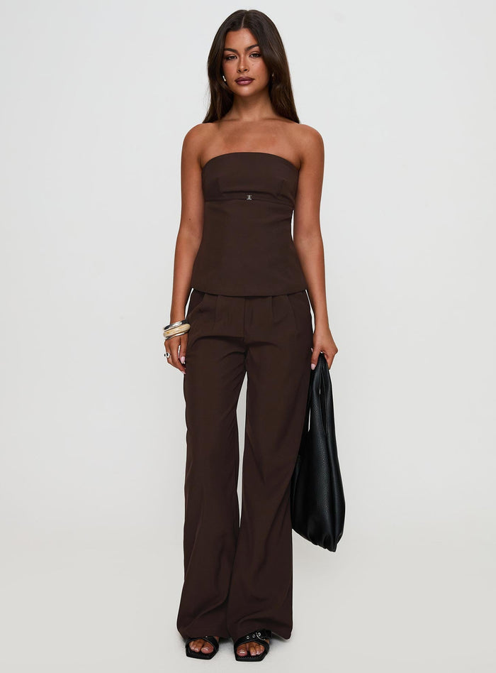 front view of model wearing Princess Polly Irresistible Strapless Top Chocolate Sleeveless straight