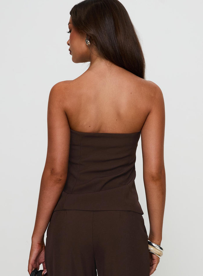 back view of model wearing Princess Polly Irresistible Strapless Top Chocolate Sleeveless straight