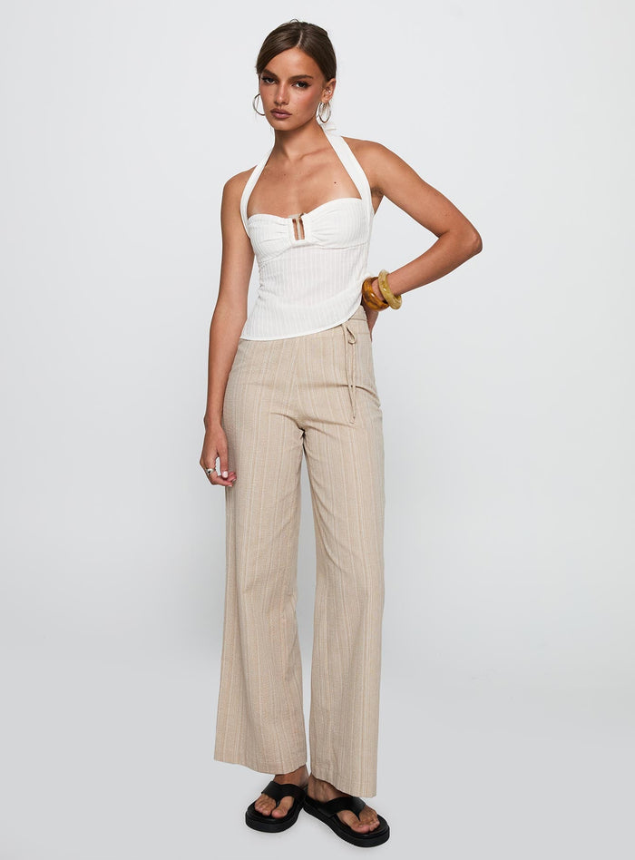 side view of model wearing Princess Polly Isabetta Halter Top White Sleeveless Sweetheart