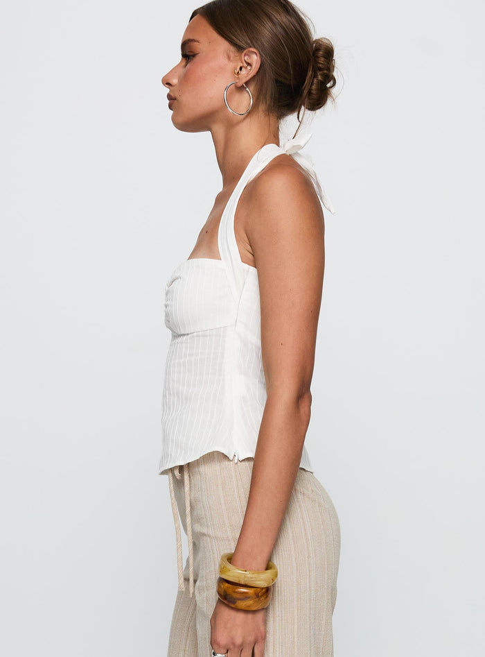 side view of model wearing Princess Polly Isabetta Halter Top White Sleeveless Sweetheart
