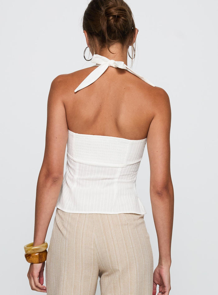 back view of model wearing Princess Polly Isabetta Halter Top White Sleeveless Sweetheart