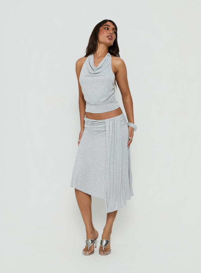 Showcasing the Iselda Draped Midi Skirt Grey Marle in womens-skirts with wrap detail and relaxed fit front view of model wearing Princess Polly