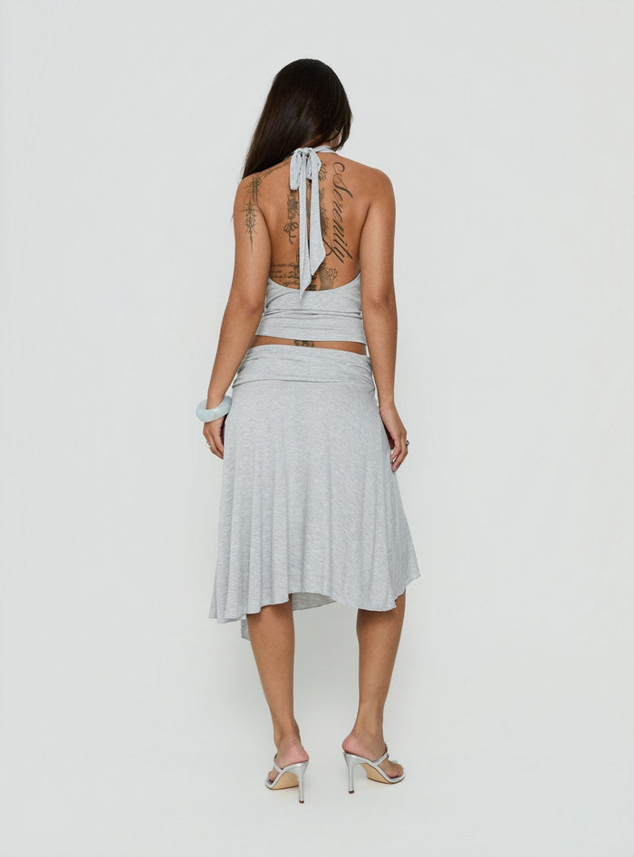 Highlighting the Iselda Draped Midi Skirt Grey Marle womens-skirts back view of model wearing Princess Polly