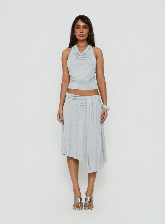 Showcasing the Iselda Draped Midi Skirt Grey Marle in womens-skirts with wrap detail and relaxed fit front view of model wearing Princess Polly