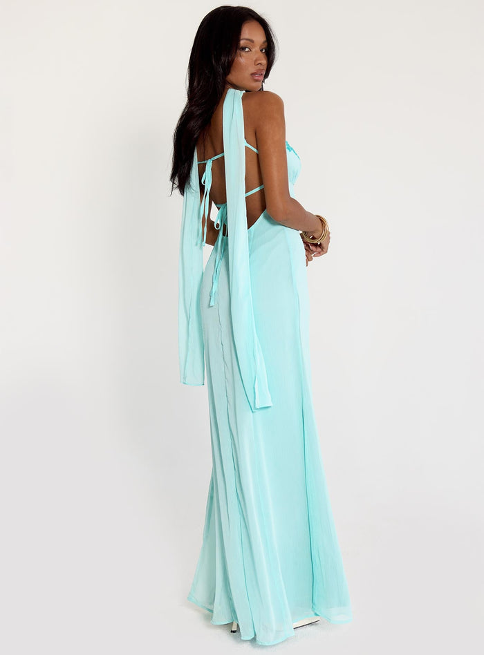 side view of model wearing Princess Polly Jadira Scarf Maxi Dress Aqua Plunger