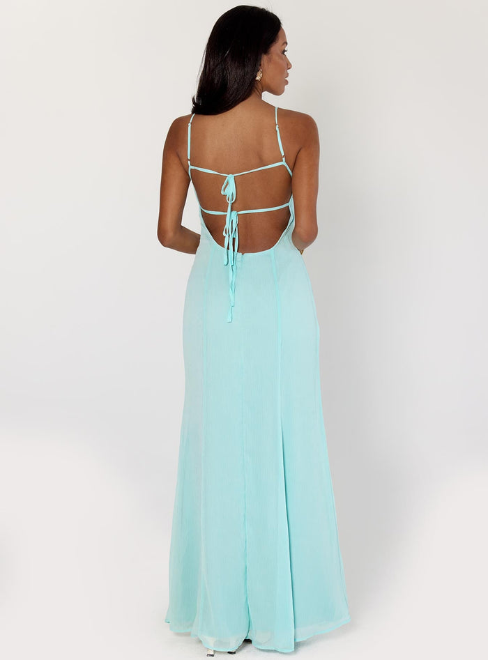 back view of model wearing Princess Polly Jadira Scarf Maxi Dress Aqua Plunger