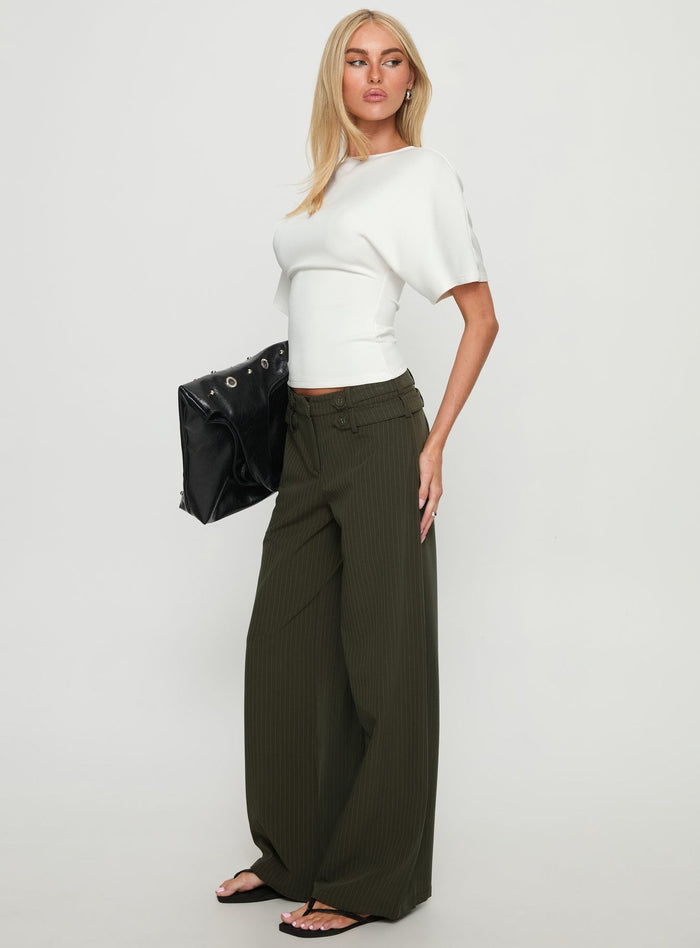 side view of model wearing Princess Polly Jette Tailored Buckle Pant Green Pinstripe High Rise Pants