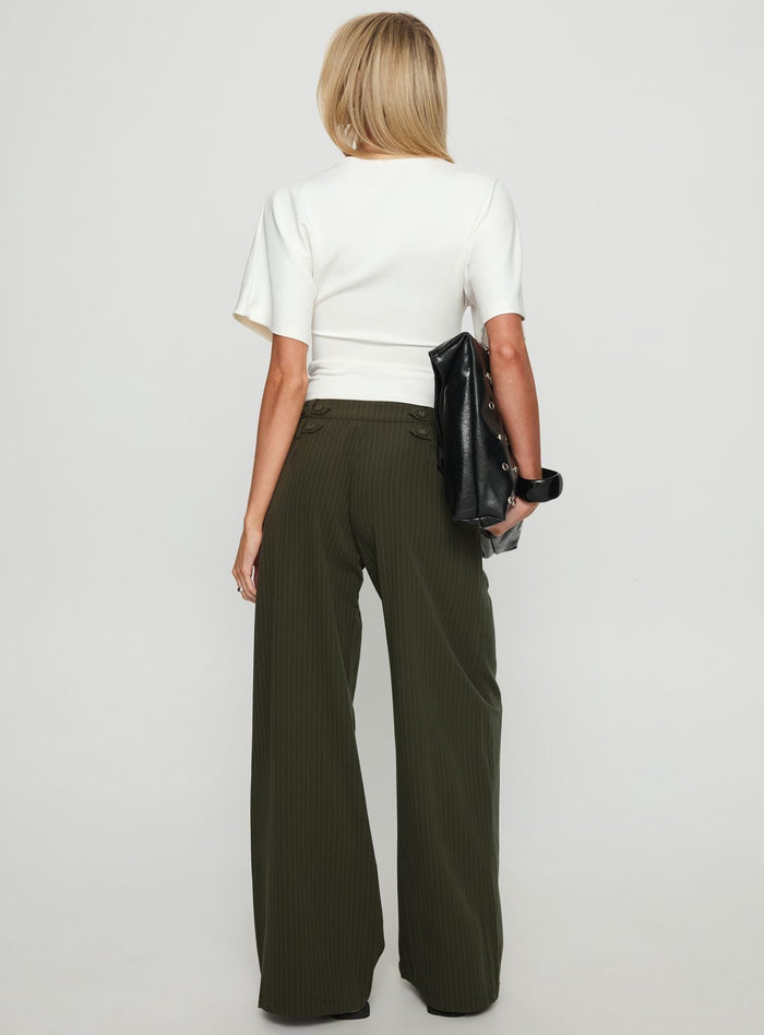 back view of model wearing Princess Polly Jette Tailored Buckle Pant Green Pinstripe High Rise Pants