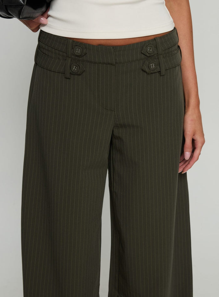 front view of model wearing Princess Polly Jette Tailored Buckle Pant Green Pinstripe High Rise Pants