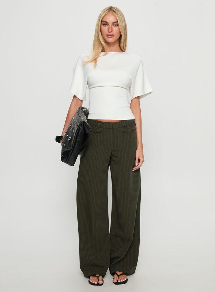 front view of model wearing Princess Polly Jette Tailored Buckle Pant Green Pinstripe High Rise Pants