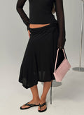 front view of model wearing Princess Polly Joaney Tie Side Jersey Midi Skirt Black Midi Skirts Skirts