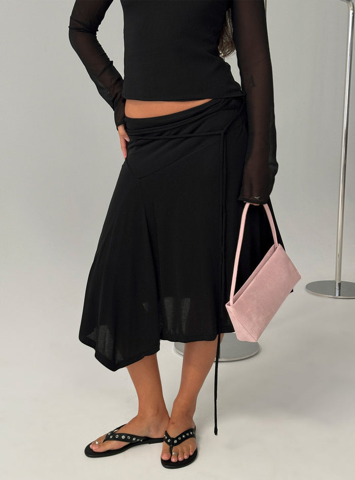 front view of model wearing Princess Polly Joaney Tie Side Jersey Midi Skirt Black Midi Skirts Skirts